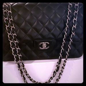 Chanel Black Lambskin Double Flap Medium Bag